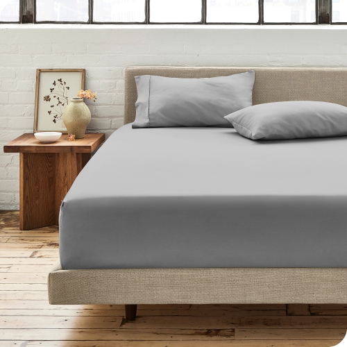 Bare Home 100% Organic Cotton Fitted Bottom Sheet - Crisp Percale Weave - Lightweight & Breathable - Light Grey, King