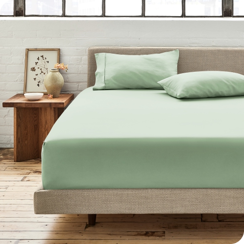 BARE HOME  100% Organic Cotton Fitted Bottom Sheet - Crisp Percale Weave - Lightweight & Breathable - Willow, Queen