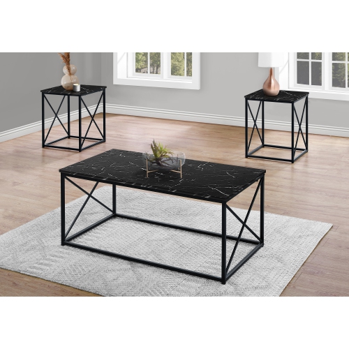 MONARCH SPECIALTIES  I 7954P Table Set 3PCs Set Marble Metal In Black