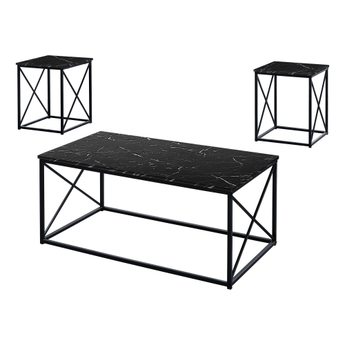 Monarch Specialties I 7954P Table Set 3pcs Set Black Marble Black Metal