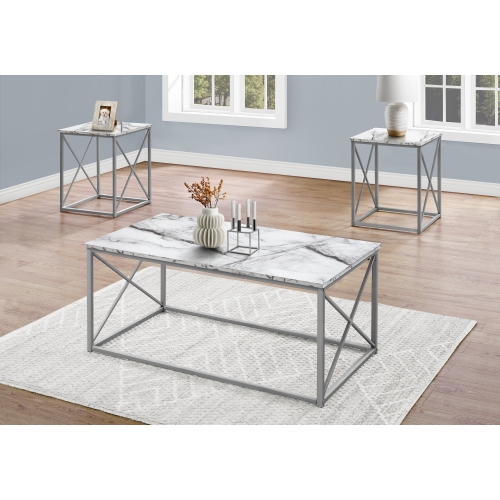 MONARCH SPECIALTIES  I 7953P Table Set 3PCs Set Marble Silver Metal In White