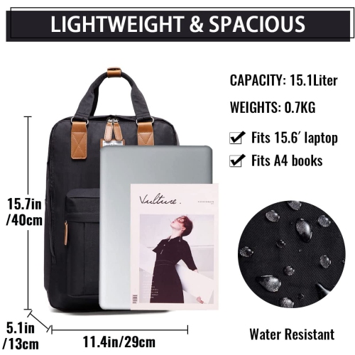Laptop Backpack for Women,15.6 Inch Water Resistant College School Backpack Bookbag Casual Daypack for Teacher/Teen Girls/Business/Travel Black