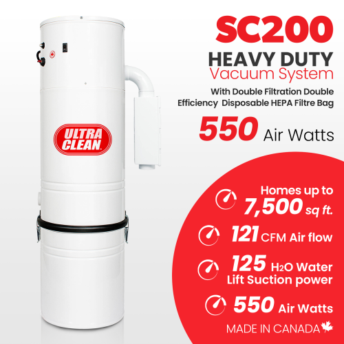 Canadian Made Central Vacuum Ultra Clean SC200 Unit 7,500 sq. ft. Electric Hose/Powerhead Attachments, Garage Kit & Accessories