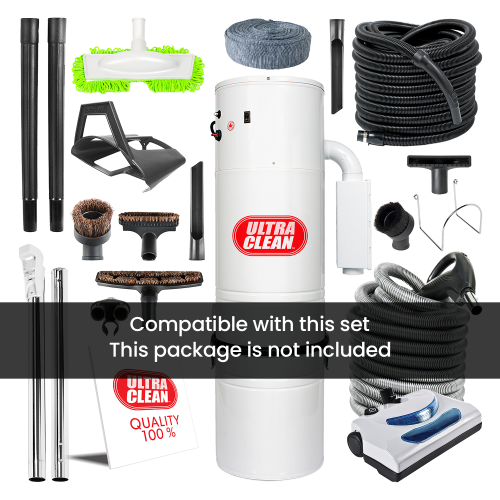 Ultra Clean Central Vacuum Carpet Attachment Kit with Adjustable Height Electric Power Nozzle - Dual Voltage Hose with 3-way on/off Switch Handle &