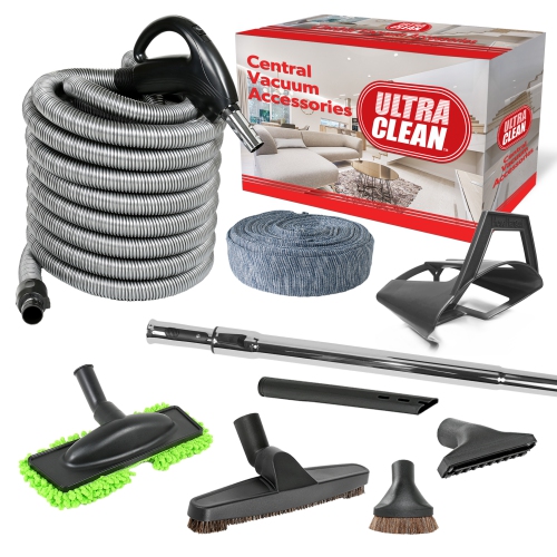 ULTRA CLEAN  Central Vacuum Hardwood Accessory Kit - Low Voltage 24 V Hose w On/off Switch, Telescopic Wand, Deluxe Tool Set, Hose Cover, Dust Mop