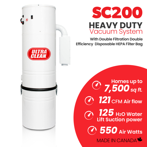 Ultra Clean SC200 Central Vacuum Unit,Tangential Bypass Motor Up to 7,500 sq.ft with Air Turbo Nozzle,Hose & Accessories-Ideal for Hardwood Floors &
