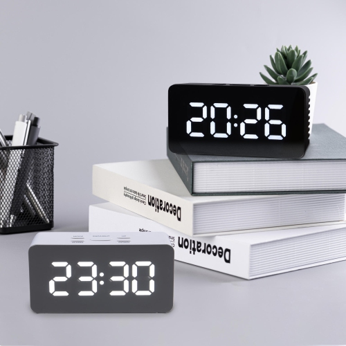 Creative Digital Mirror Alarm Clocks Support USB Charger and batteries power supply With Night Mode - White