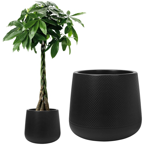 11" Lenn Collection Weaving Embossment Plastic Pot for Indoor Decor, Bedroom, Living Room Office -Black