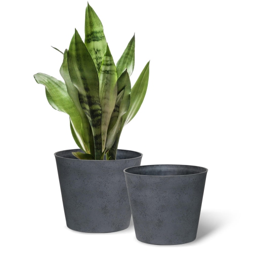 YARDLAB  Set Of 2 10" Indoor Outdoor Round Planter Pot, Plastic Sleek Bulb Pan With Drainage Hole for Tiger Orchids, Ficus, Grass Ball-Dark Gray