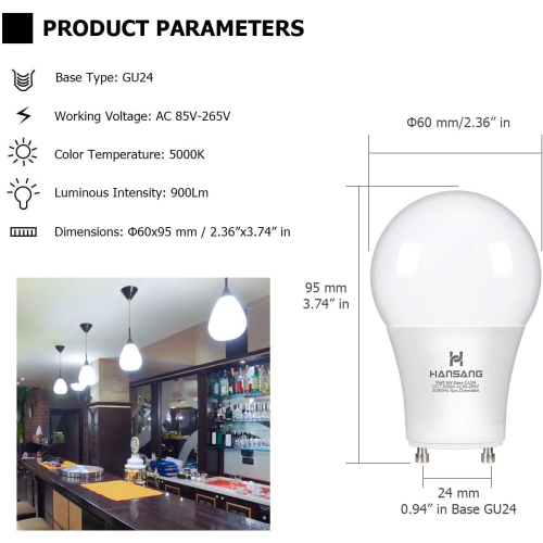 A19 LED Bulb Gu24 Light Bulb Base,9W,900 Lumens,5000K Daylight,220 Degree Beam Angle,Gu24