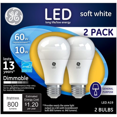 67591 Dimmable LED A19 Light Bulb with Medium Base, 9-Watt, Soft White, 2-Pack