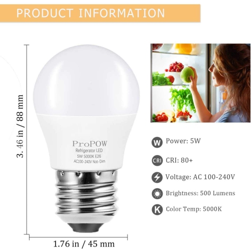 LED Refrigerator Light Bulb, 40W Equivalent 120V A15 Fridge Bulbs 5 Watt Daylight White 5000K E26 Medium Base