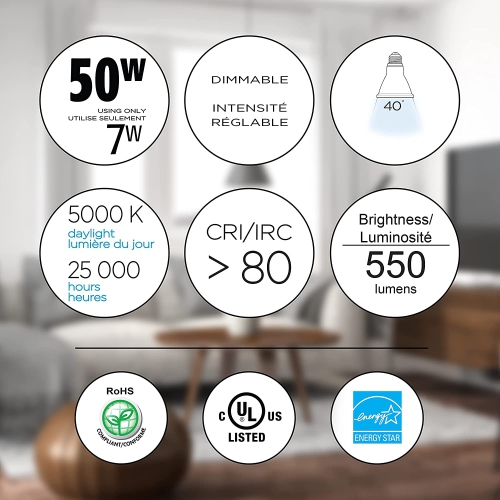 Flood-7W 550 Lumens Daylight 5000K Dimmable Led Light Bulb-6 Pack, Par20, Bright White