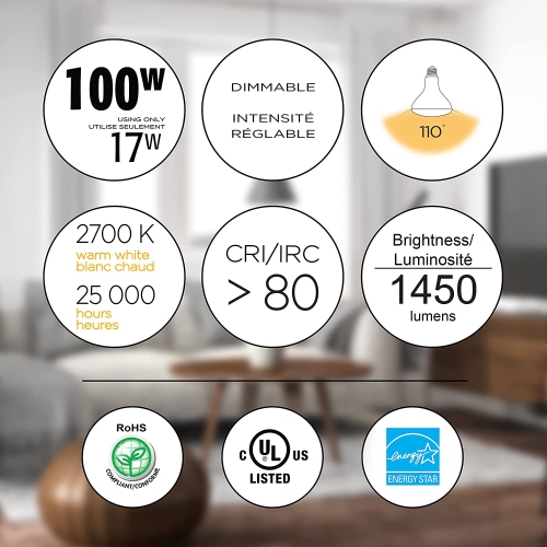 17W 1450 Lumens 2700K Dimmable Led Light Bulb-6 Pack, Br40, Warm White