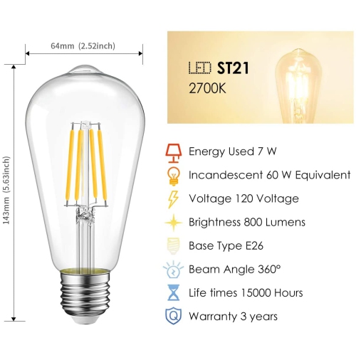 ST64 LED Filament Bulb, Dimmable 800 Lumens, E26 Medium Base 60W Bulbs, 2700K Warm White, Edison Style Light