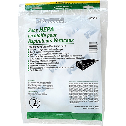 50510 HEPA Vacuum Bags. Designed to fit Upright Vacuum Cleaners. Package of 2 HEPA Bags