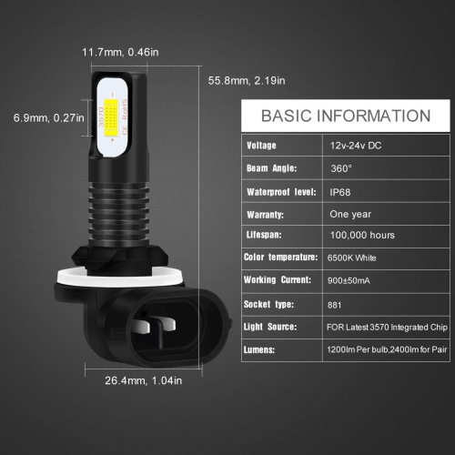 2400 Lumens Extremely Bright Newest 3570 Chipets 881 LED Fog Light Bulbs Only for Daytime Running Light DRL