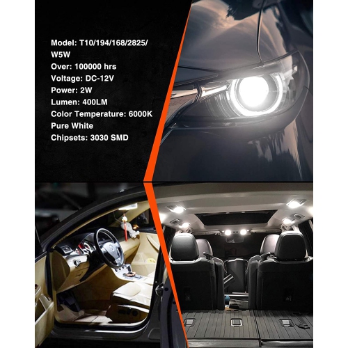 168 194 T10 LED Light Bulb, 2825 W5W 6000K White Replacement Bulbs Error Free for Car Dome Map Door Courtesy