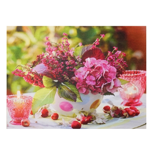 NORTHLIGHT  Led Lighted Candles And Floral Arrangement With Berries Canvas Wall Art 11.75" X 15.75" In Pink