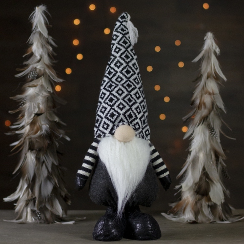 17" Black and White Plush Knit Gnome Christmas Figure