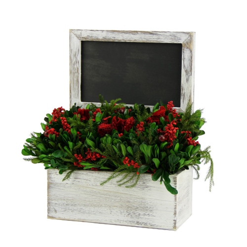 11" White and Green Decorative Holiday Chalkboard with Floral Arrangement