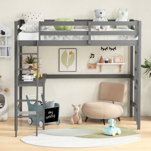 Cadre de lit mezzanine simple avec bureau incliné et échelle intégrée de Costway cadre en bois massif blanc\gris\espresso