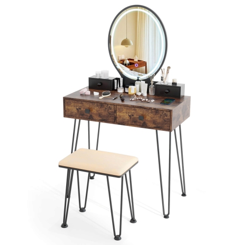 Costway Industrial Vanity Makeup Dressing Table Padded Stool Set 3-Color Lighted Mirror