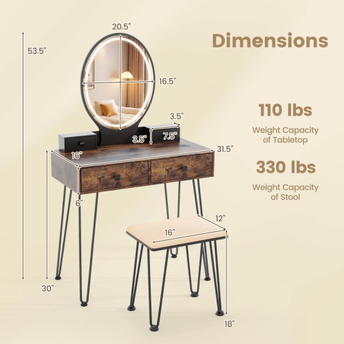 Costway Industrial Vanity Makeup Dressing Table Padded Stool Set 3-Color Lighted Mirror
