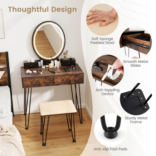 Costway Industrial Vanity Makeup Dressing Table Padded Stool Set 3-Color Lighted Mirror