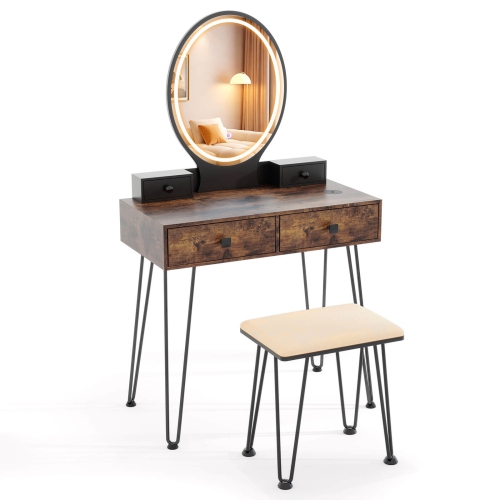 Costway Industrial Vanity Makeup Dressing Table Padded Stool Set 3-Color Lighted Mirror