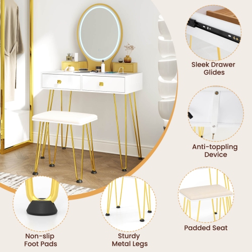 Costway Industrial Vanity Makeup Dressing Table Padded Stool Set 3-Color Lighted Mirror