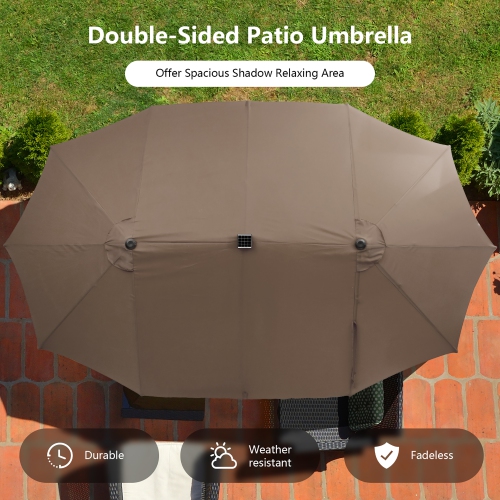 Parapluie de patio double face de 15 pi à 48 lampes solaires LED avec manivelle d'extérieur de Costway
