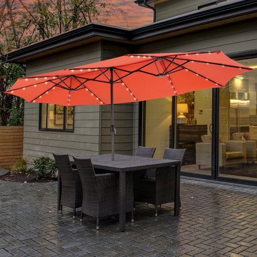 Parapluie de patio double face de 15 pi à 48 lampes solaires LED avec manivelle d'extérieur de Costway
