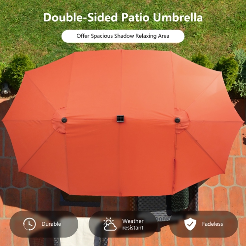 Parapluie de patio double face de 15 pi à 48 lampes solaires LED avec manivelle d'extérieur de Costway