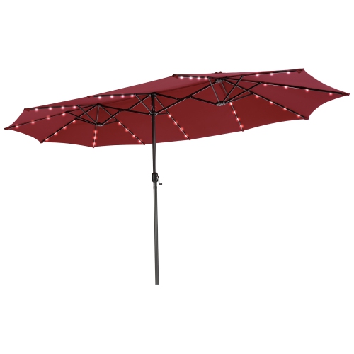 Parapluie de patio double face de 15 pi à 48 lampes solaires LED avec manivelle d'extérieur de Costway