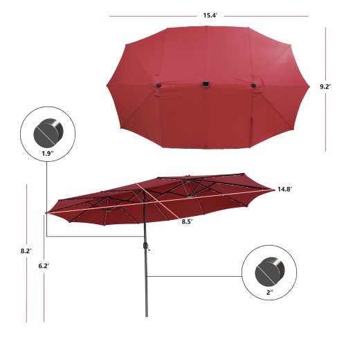 Parapluie de patio double face de 15 pi à 48 lampes solaires LED avec manivelle d'extérieur de Costway