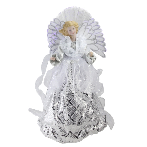 16" White and Silver Lighted Angel Sequined Gown Christmas Tree Topper