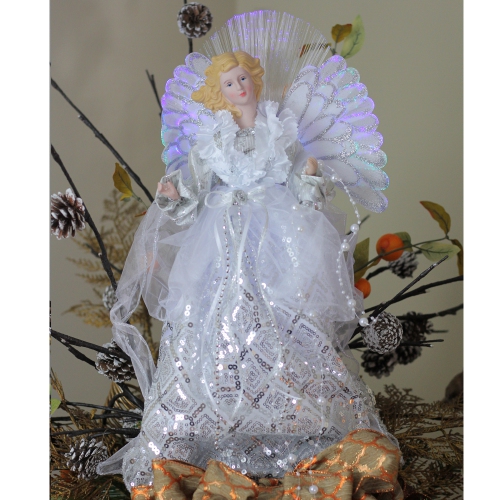 16" White and Silver Lighted Angel Sequined Gown Christmas Tree Topper