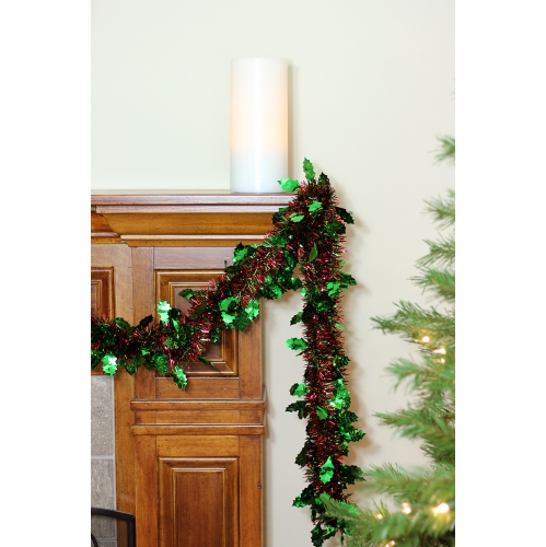 50' Shiny Red Christmas Tinsel Garland with Green Holly - Unlit