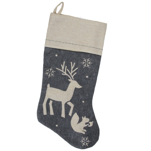 DYNO  20" Burlap Christmas Stocking With Felt Animal Stencil Design And Burlap Cuff In Gray