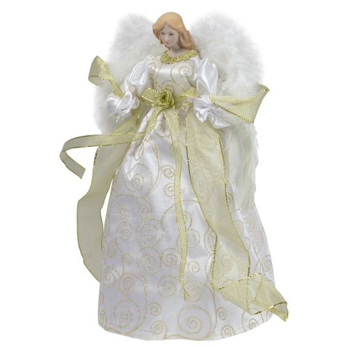 14" Lighted White and Gold Angel in a Dress Christmas Tree Topper - Warm White Lights