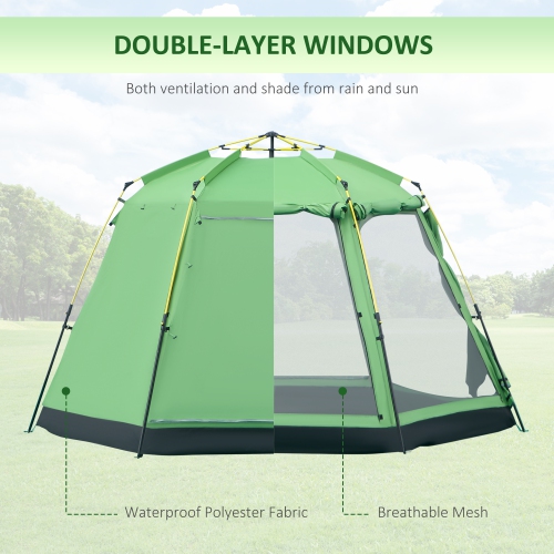 Outsunny 6 People Instant Automatic Camping Tent, 2-Tier Fabric Backpacking Tent with 4 Windows 2 Doors Portable Carry Bag for Fishing Hiking, Green