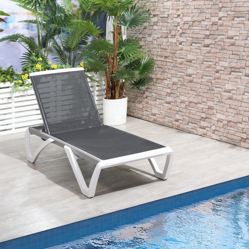 Outsunny Outdoor Chaise Lounge Chair, Patio Aluminum Tanning Chair with 5-Level Adjustable Back, Portable Wheels, Breathable Mesh Fabric, for Pool,