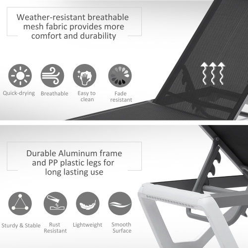 Outsunny Outdoor Chaise Lounge Chair, Patio Aluminum Tanning Chair with 5-Level Adjustable Back, Portable Wheels, Breathable Mesh Fabric, for Pool,