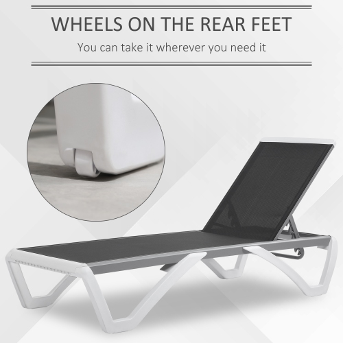 Outsunny Outdoor Chaise Lounge Chair, Patio Aluminum Tanning Chair with 5-Level Adjustable Back, Portable Wheels, Breathable Mesh Fabric, for Pool,