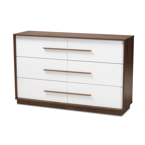 BOWERY HILL  Mid-Century 6-Drawer Wood Dresser In White And Walnut