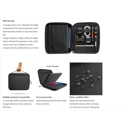 Le boîtier rigide portatif étanche de navor est compatible avec les iPad ou les tablettes de 12.9 po/11 po/10.9”/10.2”, le range-câbles d’accessoires
