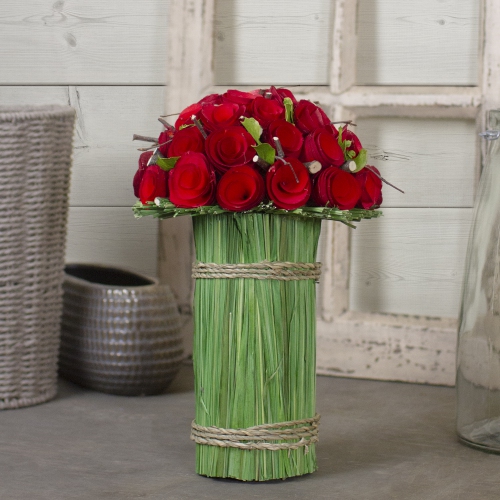 11.5" Red Wooden Rose and Grass Artificial Floral Bouquet Arrangement