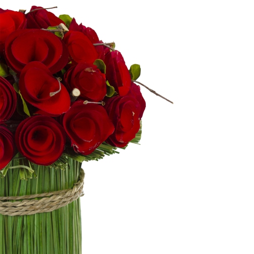 11.5" Red Wooden Rose and Grass Artificial Floral Bouquet Arrangement
