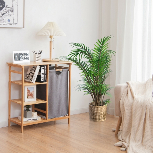 Gymax Laundry Hamper Basket Table Bamboo w/Storage Shelves and Sliding Bag